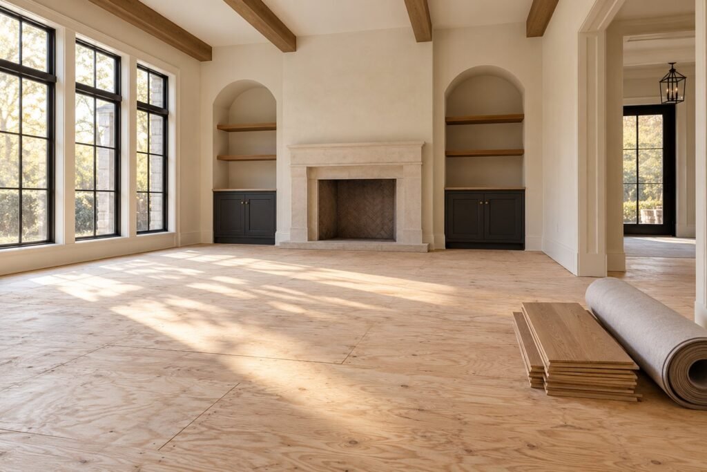 An imagined unfurnished room with exposed plywood and neatly stored flooring boards