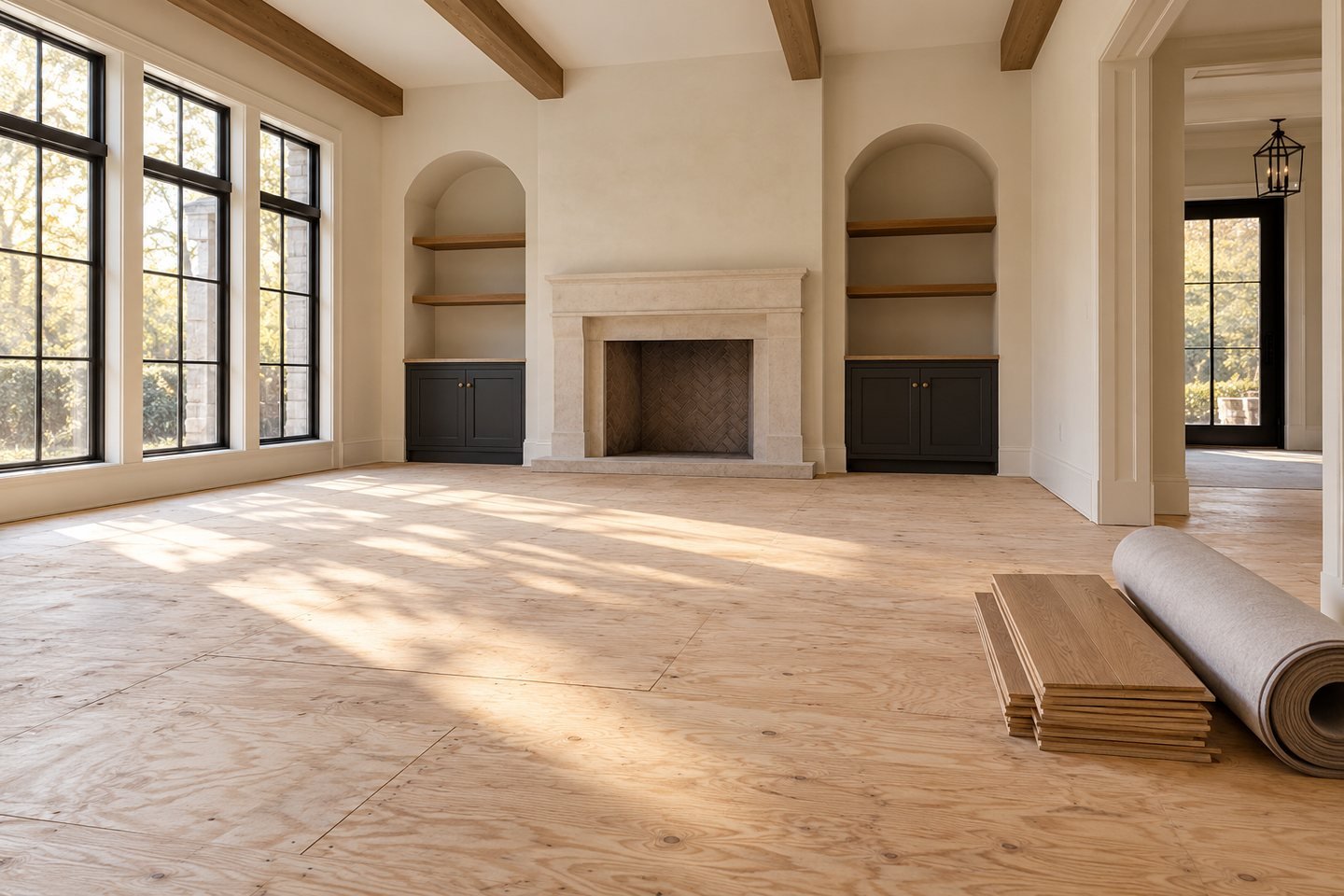 An imagined unfurnished room with exposed plywood and neatly stored flooring boards
